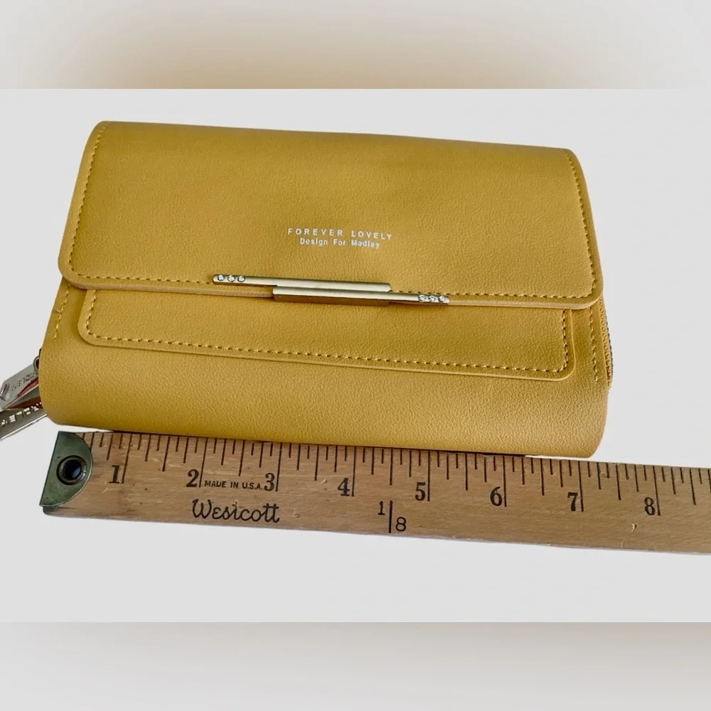 New! Nice Yellow Crossbody Wallet Clutch  Gold Metal Three Zippered Comp…